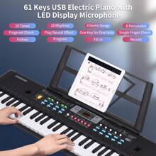 Órgano electrónico de 61 teclas, USB, piano electrónico para niños con micrófono, negro, música digital, teclado electrónico, pantalla LED, altavoces estéreo duales integrados con 16 notas, 10 ritmos, 6 canciones de demostración, instrumento musical como regalo infantil.