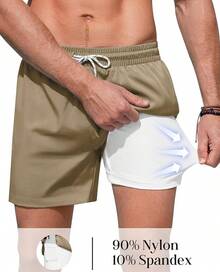 Mens Swim Trunks With Compression Lined Short Bathing Suits For Men 5 Inch Inseam Liner Men's Swimming Trunk - Brown - View 3