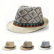 1pc Men's British Retro Jazz Hat - Lightweight Straw Fedora With Black Ribbon Band, Stylish Striped Pattern (Beige/Brown/White), Perfect For Daily Wear, Parties & Sporting Events - Ideal Gift For Men, Evening Headpiece, Woven Fabric Construction - Navy Blue - View 7