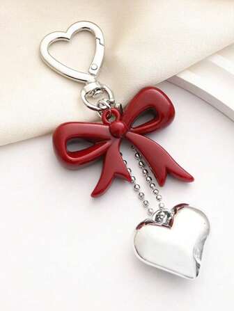 1件男女通用新款安哥拉红蝴蝶结心形吊坠钥匙扣，时尚蝴蝶结装饰包包挂饰