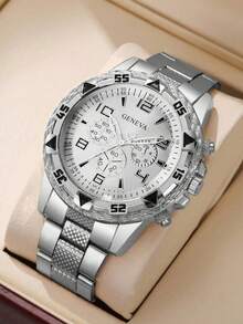 1 件男士高端大表盘金色合金和不锈钢石英表，带蓝光玻璃，圆形表盘，非机械