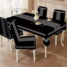 1/4/5/6/7件时尚简约欧美风印花椅套/椅套套装,适用于室内家居餐厅、酒店现代日常装饰。桌布适用于方桌,弹力椅套可水洗 - YT-095 - 查看 6