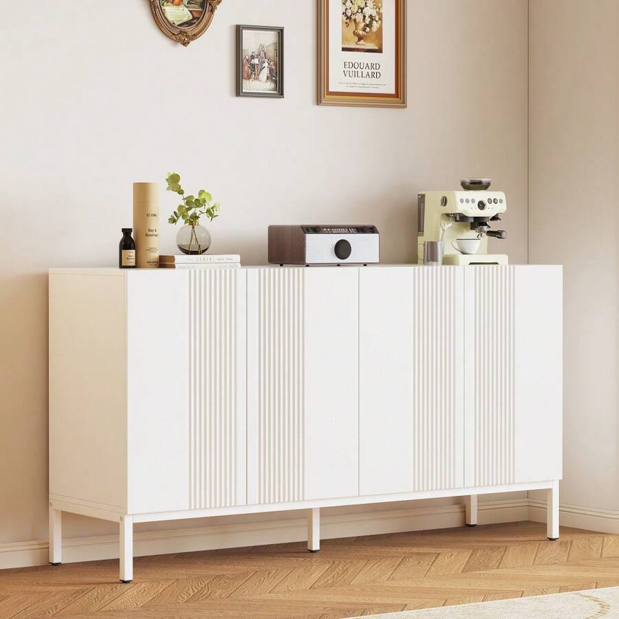 Modernes Sideboard mit einzigartiger Linie, 4-türig, grifflose Tür, für Esszimmer, Wohnzimmer und Küche (Weiß) - Weiss - Übersicht 1