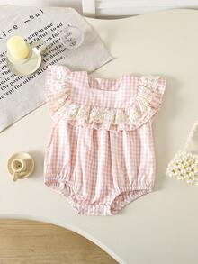 Baby Girl Summer Fashion Cute Ruffle Hem With Mesh Lace Trim Bodysuit, Woven Ruffle Sleeves Back Button Opening, Suitable For Festival Parties And Daily Wear - Pink - View 1