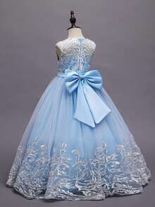 青少年女孩高端刺绣亮片无袖花童婚纱，蓬松生日婚礼派对公主礼服 - 藍色 - 查看 6