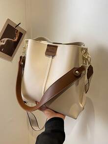 女士大容量托特包，时尚新款纯色高端休闲通勤斜挎单肩包 - 白色 - 查看 2