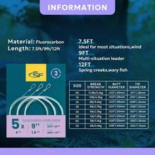 3 paquetes de líderes de fluorocarbono con ojo pre-anudado para pesca con mosca, tamaño 0X, 1X, 2X, 3X, 4X, 5X, 6X, 7X, longitudes de 7.5 pies, 9 pies, 12 pies - 9 pies y 5X - Ver 2