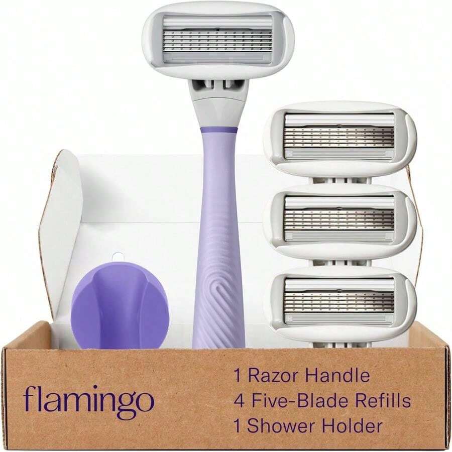 Flamingo Razors For Women, 1 Women'S Razor Handle (Lilac), 4 Razor Five-Blade Refills, And 1 Shower Holder - Lilac - 查看 1