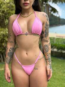 Women's Ribbon Bikini Bronze Adjustment Summer Carnival Beachwear Set - Baby Pink - View 3