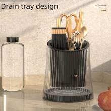 1pc Multifunctional 360° Rotating Kitchen Utensil Holder, Large Capacity, Simple Design (Excluding Knives, Spoons And Chopsticks), Multiple Colors Available, Cylindrical Shape With Vertical Lines, Can Store Knives, Spoons And Chopsticks, Plastic Material, Suitable For Everyday Kitchen Use