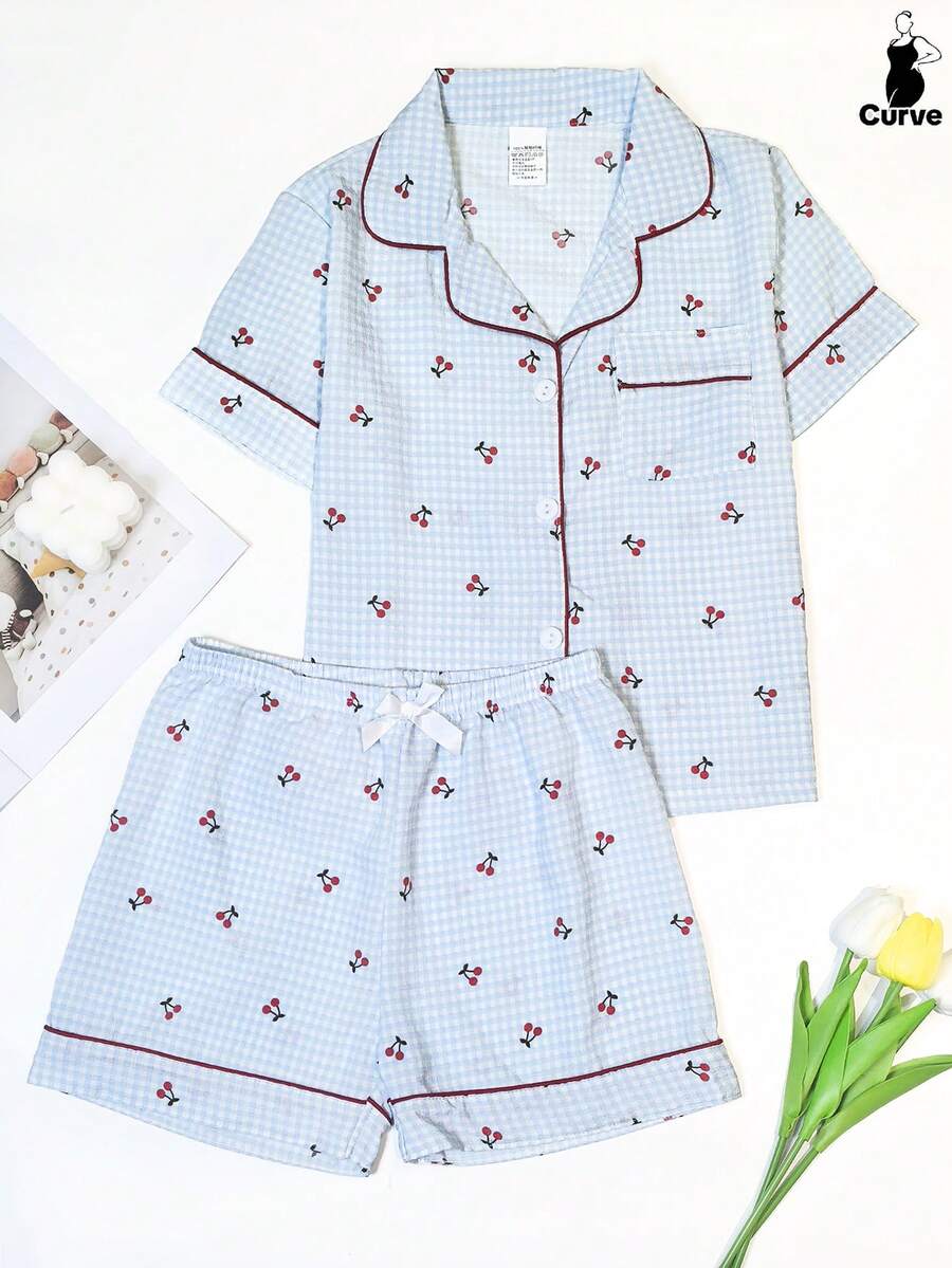 Plus Size Women Floral Cherry Printed Knitted Cardigan With Collar & Pockets, Casual Comfortable Short Sleeve Top & Shorts 2 Pieces Loungewear Set For Spring Summer - Blue - View 1