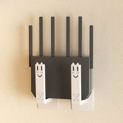 2pcs Router Stand With 2pcs Self-Adhesive [Not Include Wifi], Fits Common Router Size, Cute Design With Cartoon Face Pattern, Plastic Material Router Holder; Cute Black & White Color, Cartoon Design With Smiling Face Detail, Sturdy Support, Router Wall Mount Bracket, Suitable For Home Use