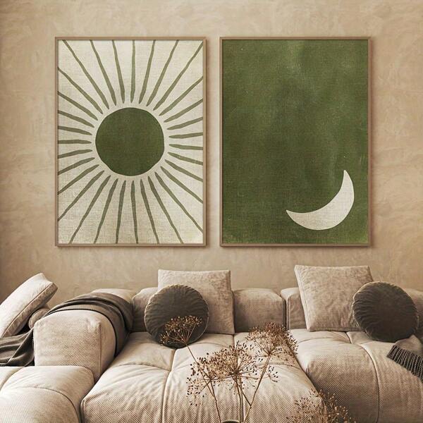 2pcs Set Unframed Moon Sun Retro Boho Art Poster Bohemian Abstract Minimalist Vintage Painting Canvas Print Minimalist Wall Picture For Dorm,Living Room,Apartment,Bedroom,Office,Modern Home Decoration