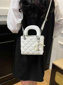 Fashionable New Women's Handbag, Solid Color Minimalist PU Leather Small Square Bag, Elegant & Chic, Suitable For Dates, Shopping, Versatile, Comes With Bow & Pearl Charm, Perfect Gift For Girlfriend, Fits Wallet, Shopping, Young Women, College Students, Office Ladies. Suitable For Office, University, Work, Business, Commuting, Outdoor Activities, Travel And Excursions - White - View 5