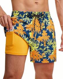 Mens Swim Trunks With Compression Lined Short Bathing Suits For Men 5 Inch Inseam Liner Men's Swimming Trunk - Royal Palm - View 1