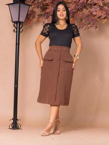 Women's Elegant Tailored Midi Skirt With Belt And Pocket Evangelical Fashion - 鏽棕色 - 查看 4