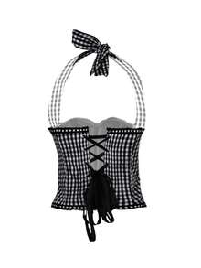 Yuwenier Sexy Elegant Bow Front Boned Lace Trim Splicing Halter Corset Tops Black And White Checkered Backless Lace Up Suitable For Party Going Out Halloween's Festival Outfit