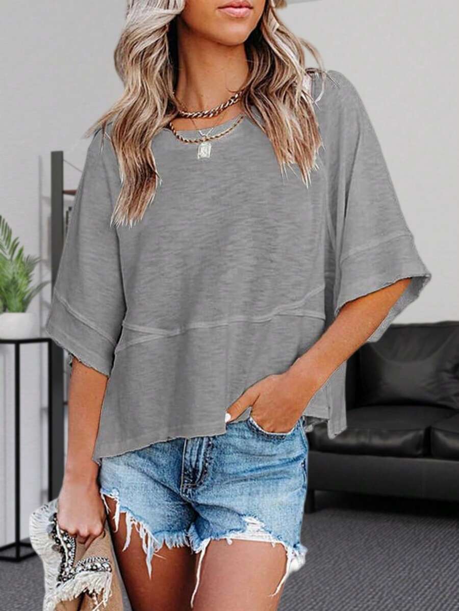 Women's Summer Soft Crewneck Batwing Half Sleeve T-Shirt Solid Color Lightweight Loose Fit Casual Top Christmas Gift & New Year Gift - Màu xám đen - Xem 1