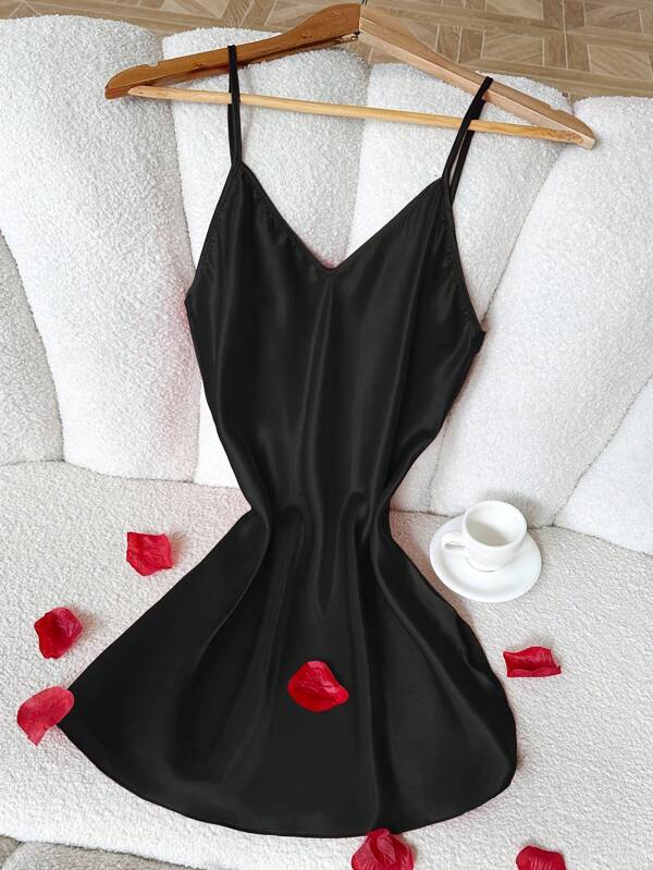 1 Stück Damen eleganter einfarbiger Schlafanzug, sexy Schlitz-Spaghettiträger Mini-Nachthemd, leicht für Frühling/Sommer, geeignet für Loungewear, Alle Jahreszeiten
