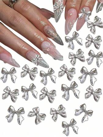 20Pcs 3D Dangling Bow Charms - Liquid Silver Alloy Ribbons With Prong-Set Rhinestones & Anti- Hook (2 Styles Mix) Nail Supplies Nails Nail Charms Nail Gems