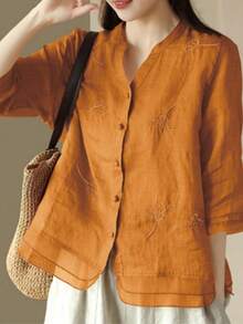 复古美学刺绣欧根纱拼布休闲衬衫，波西米亚风花卉刺绣优雅节日衬衫，简约日常复古植物刺绣短袖上衣