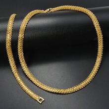 2pcs 14K Gold Plated Copper 8mm Braided Necklace & Bracelet Jewelry Set, Suitable For Women's Daily Wear, Parties, And As A Great Gift - Gold 2 - View 2