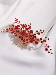 1件水晶水钻装饰新娘头饰，优雅发饰，适用于婚礼、宴会、派对、情人节配饰 - 紅色 - 查看 6