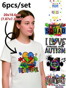 6pcs/Set Autism Awareness Designs DIY Iron On DTF Transfers Stickers Washable Heat Transfer Designs Ready Press Decals Plastisol Patch For DIY Clothing T-Shirt Mask Jeans Backpack