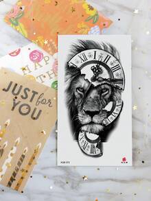 1 张大尺寸人体艺术临时纹身贴纸，男女适用，素描写实风格皇冠玫瑰狮子时钟老虎图案，防水假纹身，持续 2-5 天，遮盖疤痕，可用于手臂手腕肩膀腿腰颈部手胸部大腿手指，闺蜜情侣纹身 - 黑色 - 查看 4