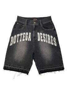 Shorts For Men,Shorts De HombreRetro Street Style Alphabet Embroidery Denim Shorts / Unisex Bone Pattern Casual Jeans - màu đen - Xem 1