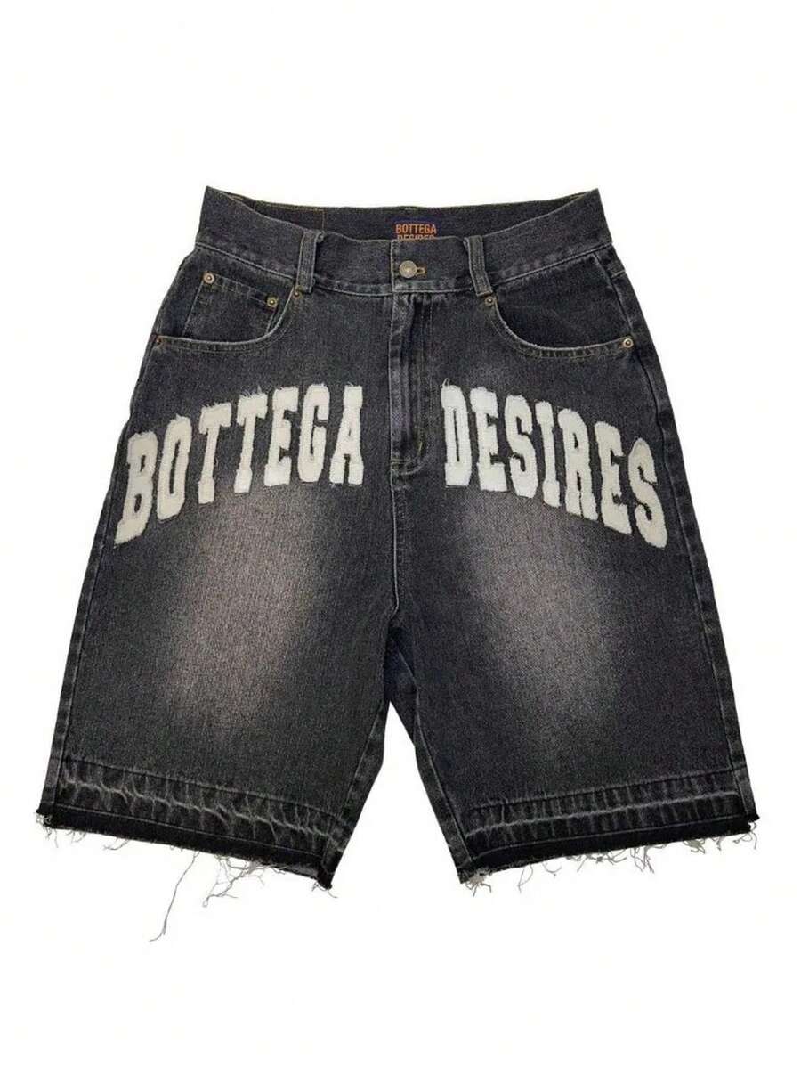 Shorts For Men,Shorts De HombreRetro Street Style Alphabet Embroidery Denim Shorts / Unisex Bone Pattern Casual Jeans - màu đen - Xem 1