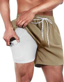Mens Swim Trunks With Compression Lined Short Bathing Suits For Men 5 Inch Inseam Liner Men's Swimming Trunk - Brown - View 1
