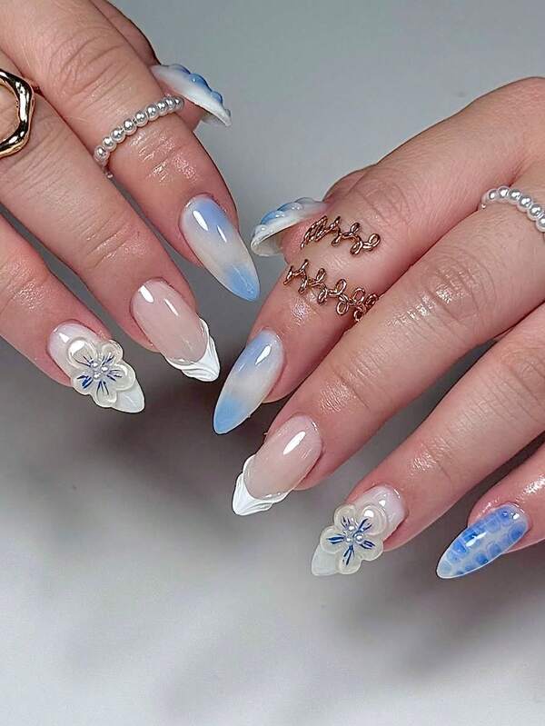 10 peças de unhas postiças transparentes esculpidas em azul, feitas à mão, estilo praiano, branco, elegante, romântico, estilo praiano, para mulheres, festa Y2K