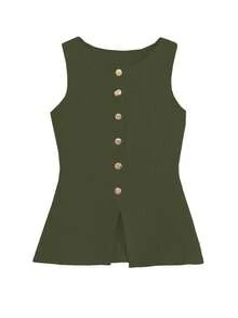 Women's Chic Elegant Solid Metal Button Open Front Sleeveless Knit Cardigan Vest,  Modest Minimalist Versatile Waistcoat, Spring /Summer Daily, Commute Wear - Dark Green - View 3