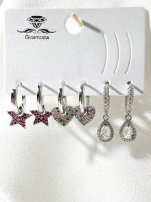 Kit Of 3 Earrings Studded With Zirconia Stone, Small Hoop, Heart Pendant, 18k Gold Plated And 925 Silver - 50 - 查看 2