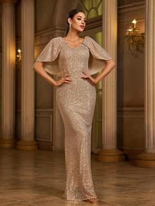 Missord 斗篷袖亮片美人鱼下摆紧身礼服优雅舞会晚会婚礼宾客礼服，适合毕业典礼、晚宴派对礼服