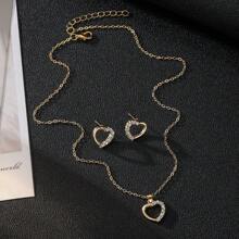 Conjunto de joias femininas (colar + brincos) com decoração de strass em formato de coração