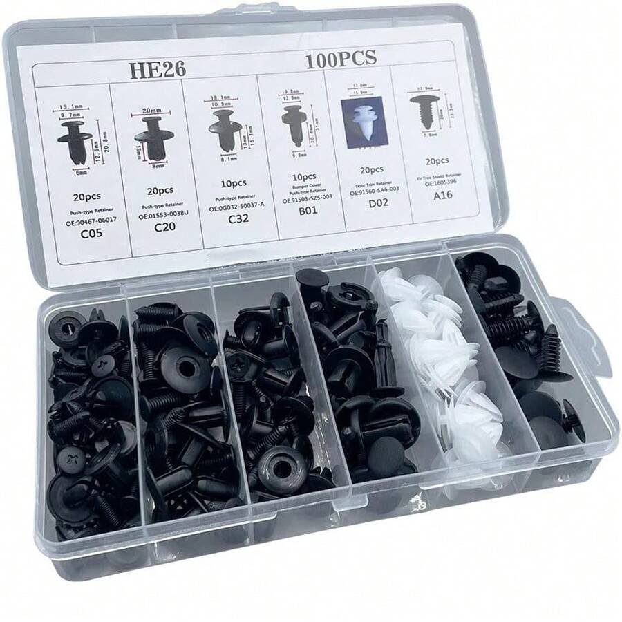 100PCS Plastic Car Body Trim Clips, Universal Car Bumper Clips, Rivets Fasteners Push Retainer Kit, Auto Push Pin Rivets Set With Storage Box - 黑與白 - 查看 1