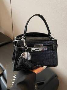 女士迷你鳄鱼纹手提包，新款时尚小方形单肩斜挎包 - 黑色 - 查看 4