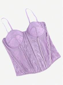 Top de corsé de malla y encaje para mujer, corpiño ajustable negro con broche delantero, cinturón de la cintura