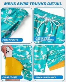 Bañador de hombre con forro de compresión, pantalón corto de baño de 5 pulgadas de entrepierna para hombres - Tiburón verde - Ver 4