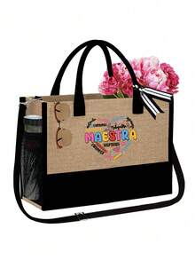 Maestra 主题手提包和化妆包套装，包括一个托特包和一个零钱包、手提包、单肩包、大容量亚麻购物袋、心形图案