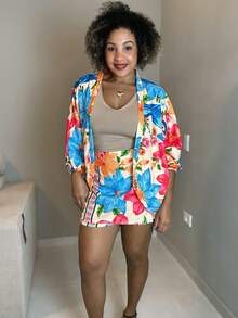 Conjunto Kimono e Short Saia estampado   Floral    Casual    Tecido