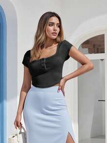 Women's Button Up Crop Top Ribbed Scoop Neck Cap Sleeve Shirt Slim Fit Summer Blouse For Casual Streetwear - 黑色 - 查看 8