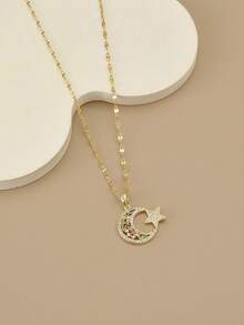 1pc Luxury Fully Rhinestone Embellished Star & Moon Sparkling Stainless Steel Necklace For Women - Yellow Gold - View 2