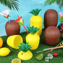 Juego de decoración para fiesta hawaiana - Vaso de coco de plástico de gran capacidad con pajita, diseño tropical de flores y piña, reutilizable, apropiado para celebraciones temáticas, decoración de fiestas | Tema tropical | Vasos de fiesta reutilizables fáciles de limpiar, accesorios para la piscina | Estilo tropical | Vasos de plástico duraderos, decoración de fiesta hawaiana