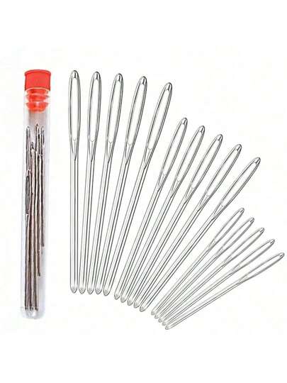 16 Piezas/set 15 Agujas Con Ojo Grande Y Una Caja De Almacenamiento, Agujas De Coser Y Tejer De Acero Inoxidable Para Decoración Interior, Reparación, Alfombras Y Lienzo
