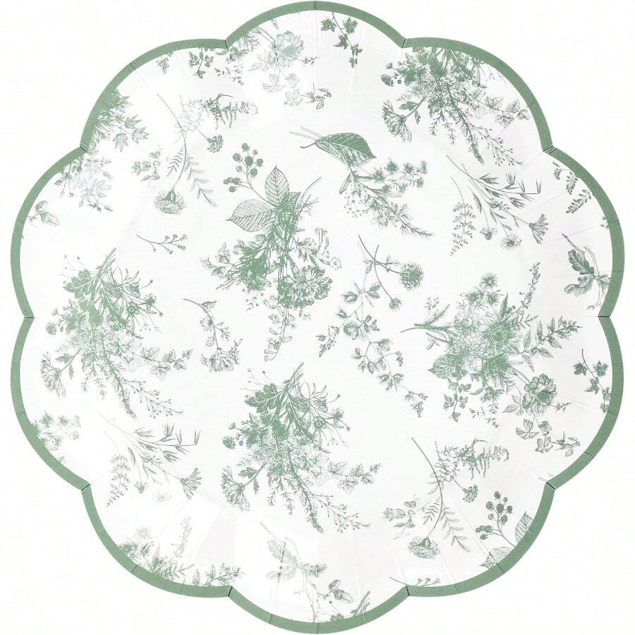 XNHHW24Pcs Sage Green Floral Party Plates Vintage Floral Leaf Disposable Paper Plates Wildflower Toile 7 Scalloped Rim Dessert Plate For Christmas Birthday Bridal Tea Party Supplies3xz4 - SageGreen - View 1