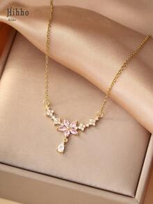 Hihho 1 chiếc vòng cổ hoa, vòng cổ choker thanh lịch và tối giản cho nữ, mặt dây chuyền khảm đá Cubic Zirconia kiểu Pháp hình hoa 5 cánh, thích hợp để đeo hàng ngày, làm quà tặng ngày lễ và hẹn hò, màu hồng - Vàng - Xem 2