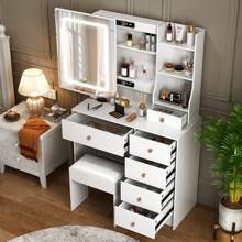 Specchio da trucco a LED in legno massello di lusso scandinavo bianco-crema in stile INS | Postazione di lavoro monoblocco + ampio cassetto portaoggetti | Area trucco da principessa femminile | Nel magazzino | Consegna veloce